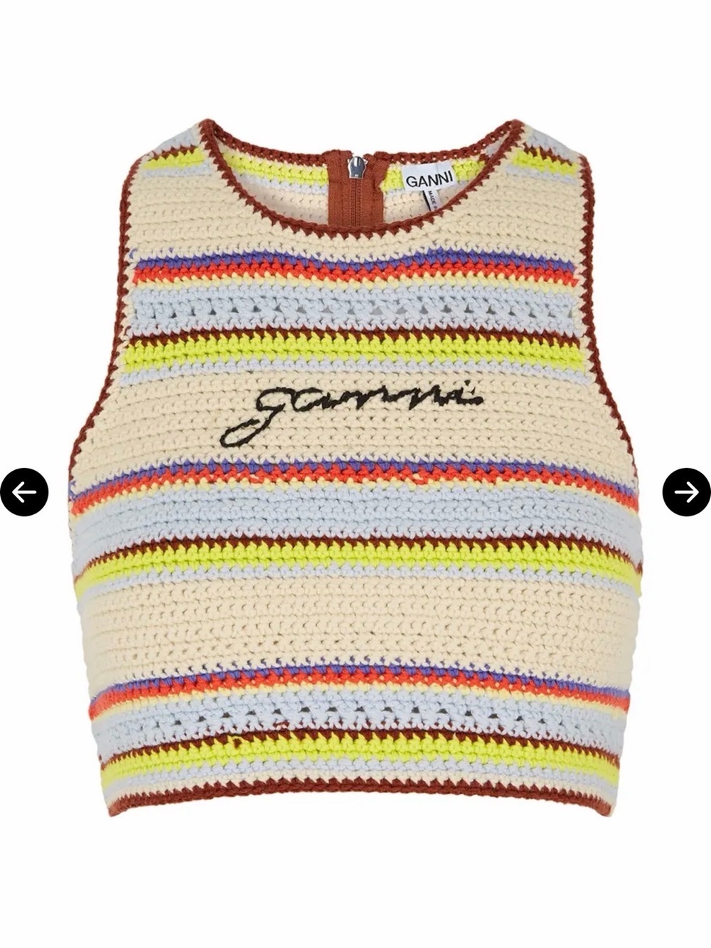 Ganni Cream Crochet Stripe Logo Crop Top with Multicolor Accents